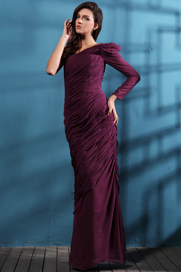 Feminine One Shoulder Long Sleeve Evening Dress - Click Image to Close